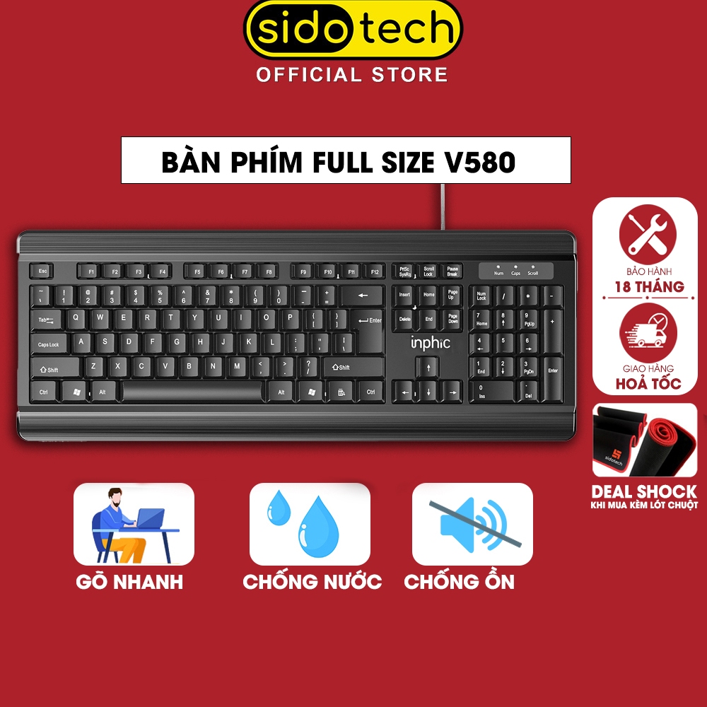 Bàn phím máy tính có dây full size SIDOTECH INPHIC V580 văn phòng 104 phím chống ồn giả cơ gaming