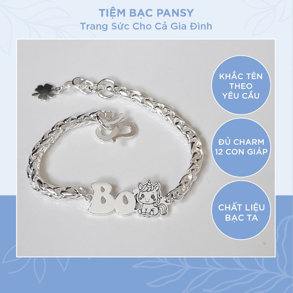 Lắc bạc cho bé khắc tên liền con giáp dễ thương theo tuổi - Vòng bạc đeo tay, chân trẻ em kiểu dây dày dặn