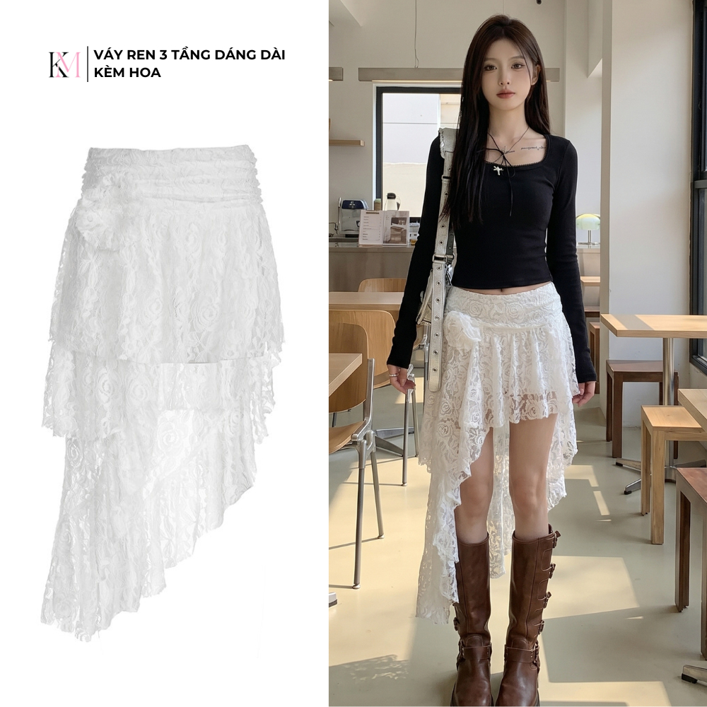 Váy ren tầng nữ dáng dài phong cách Pháp lãng mạn style kèm hoa, Váy ren đi biển,đi chơi size từ 40 - 70kg - Mã CV01