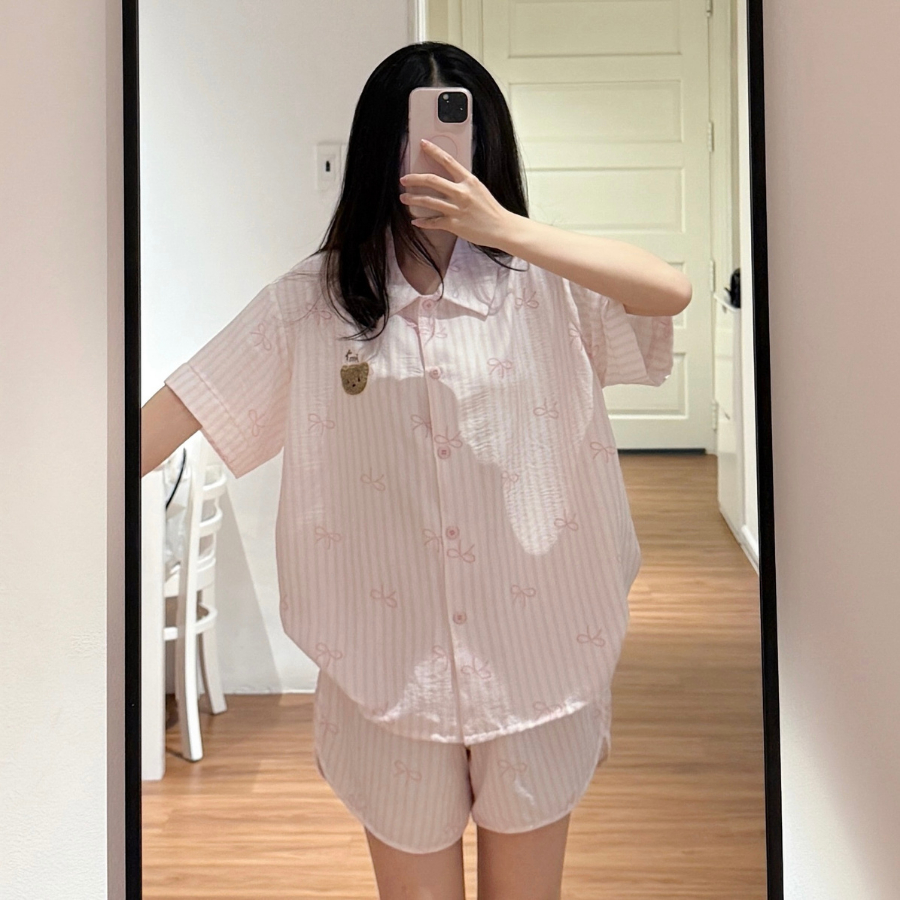SET BỘ ĐỒ BỘ SỌC NƠ QUẦN NGẮN ÁO TAY NGẮN FORM RỘNG - MIIN - 8230 - JEMCLOSET