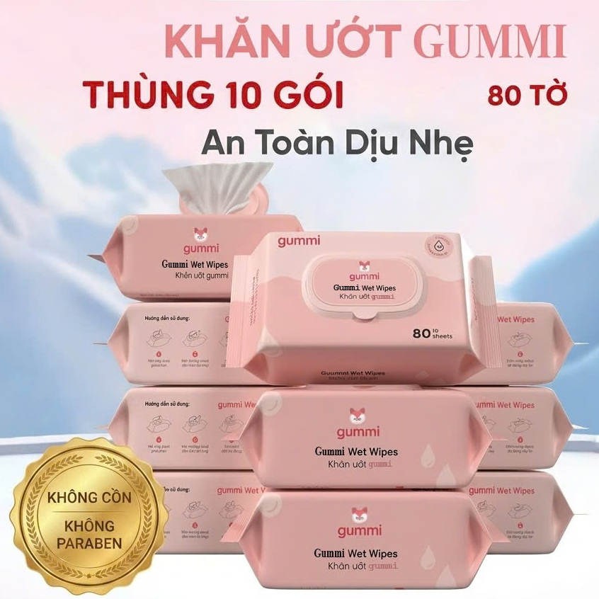 Thùng 10 gói khăn ướt đa năng GUMMI không cồn không PARABENS cao cấp