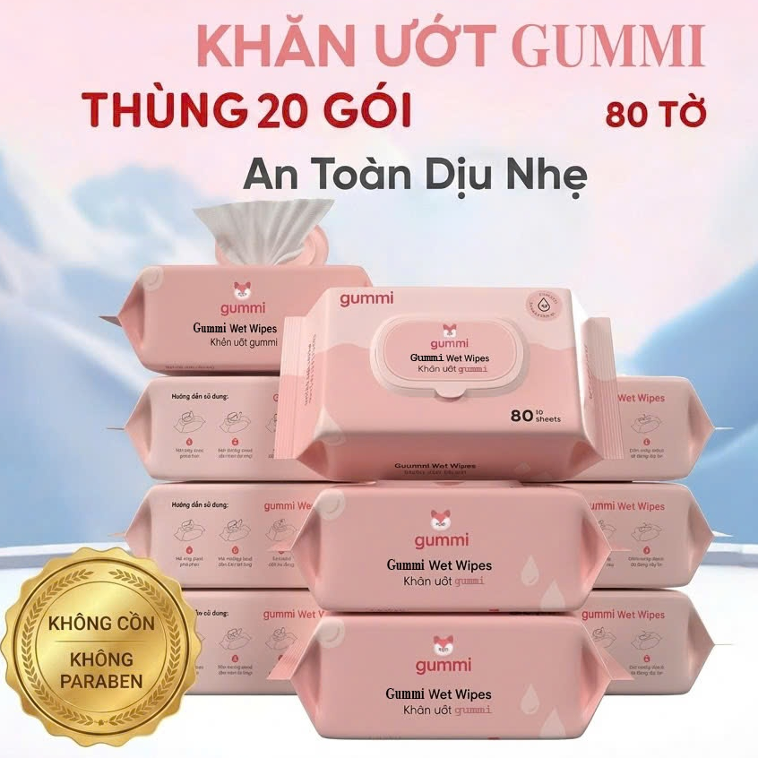 Thùng 20 Gói Khăn Ướt Đa Năng GUMMI Gói 80 Tờ Không Cồn Hàng Loại 1
