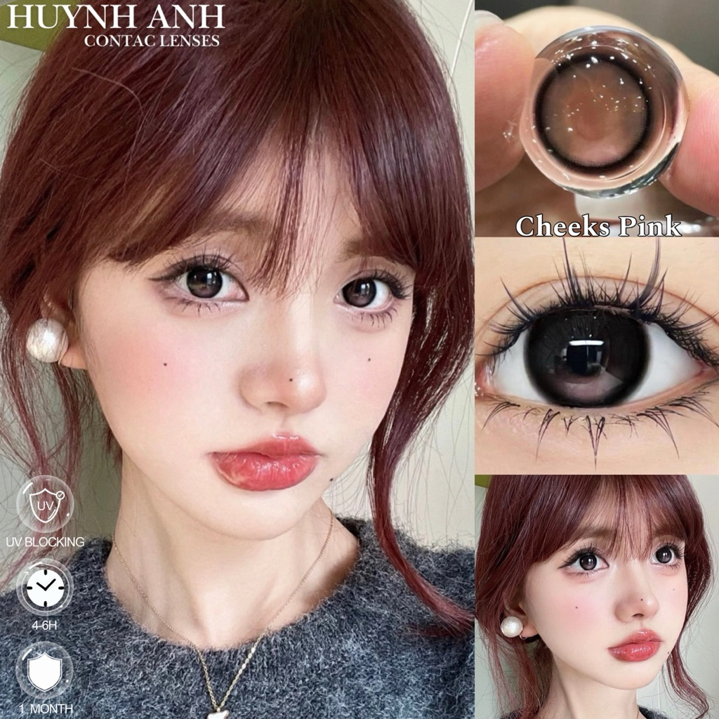 Lens Mắt Kính Áp Tròng màu đen ánh hồng cheeks pink Dia 14.2mm Gdia 13.4mm