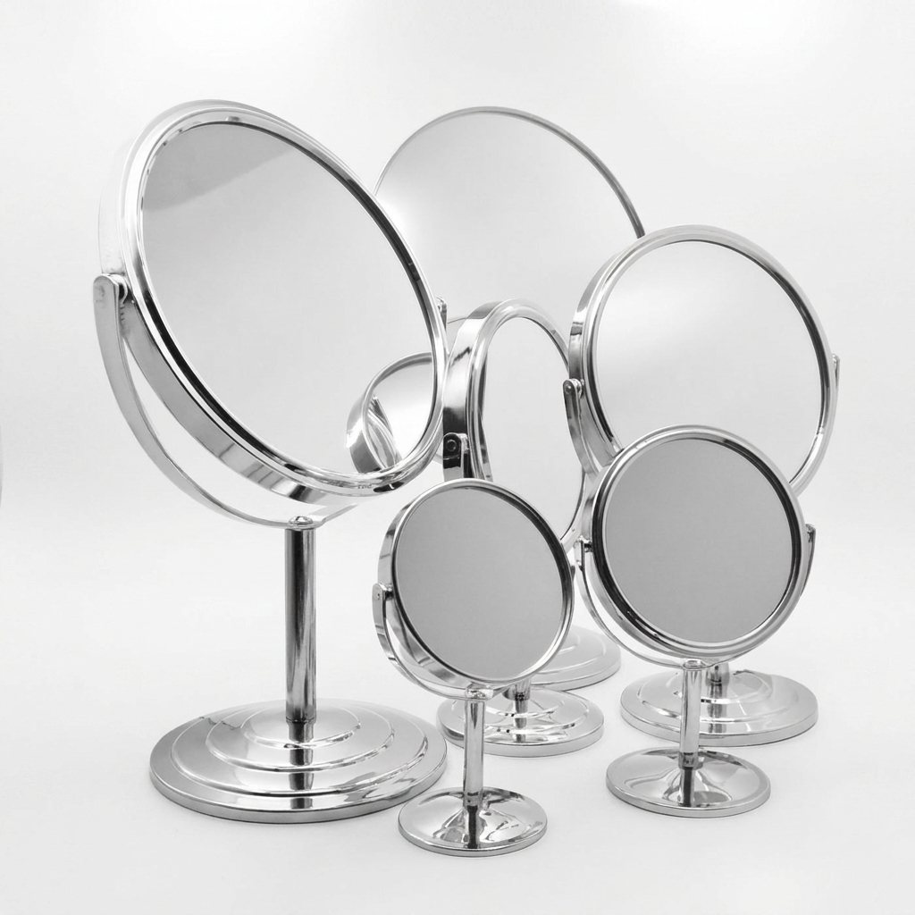 Gương mini trang điểm để bàn văn phòng 2 mặt có phóng to xoay 360 độ bằng inox