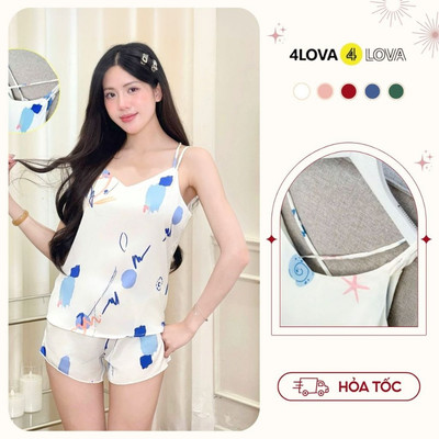 Bộ lụa 4LOVA mặc nhà thiết kế áo đan lưng quần short họa tiết thanh lịch Lam Khuê VHL5