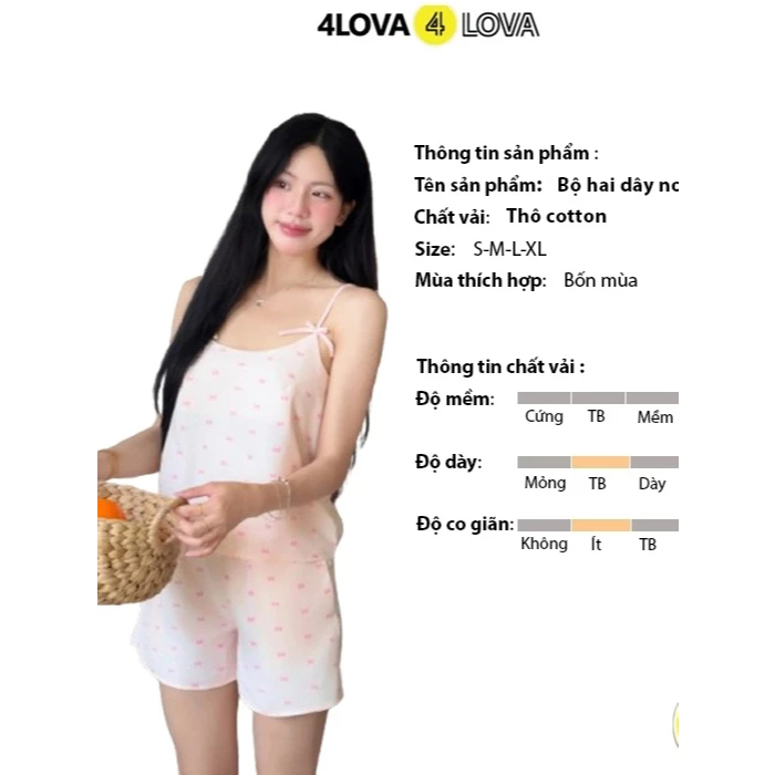 Bộ cotton mặc nhà 4LOVA kiểu dáng 2 dây đính nơ họa tiết Plume VHL4