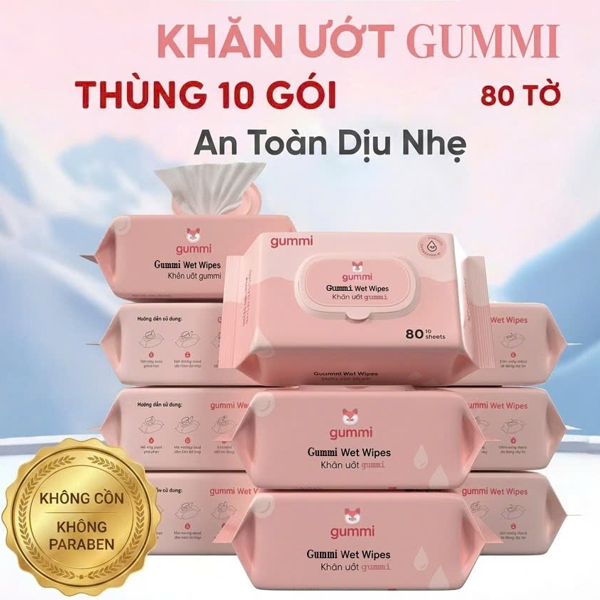 Thùng 10 gói khăn ướt Gummi không cồn, không parabens gói 80 tờ dành cho bé