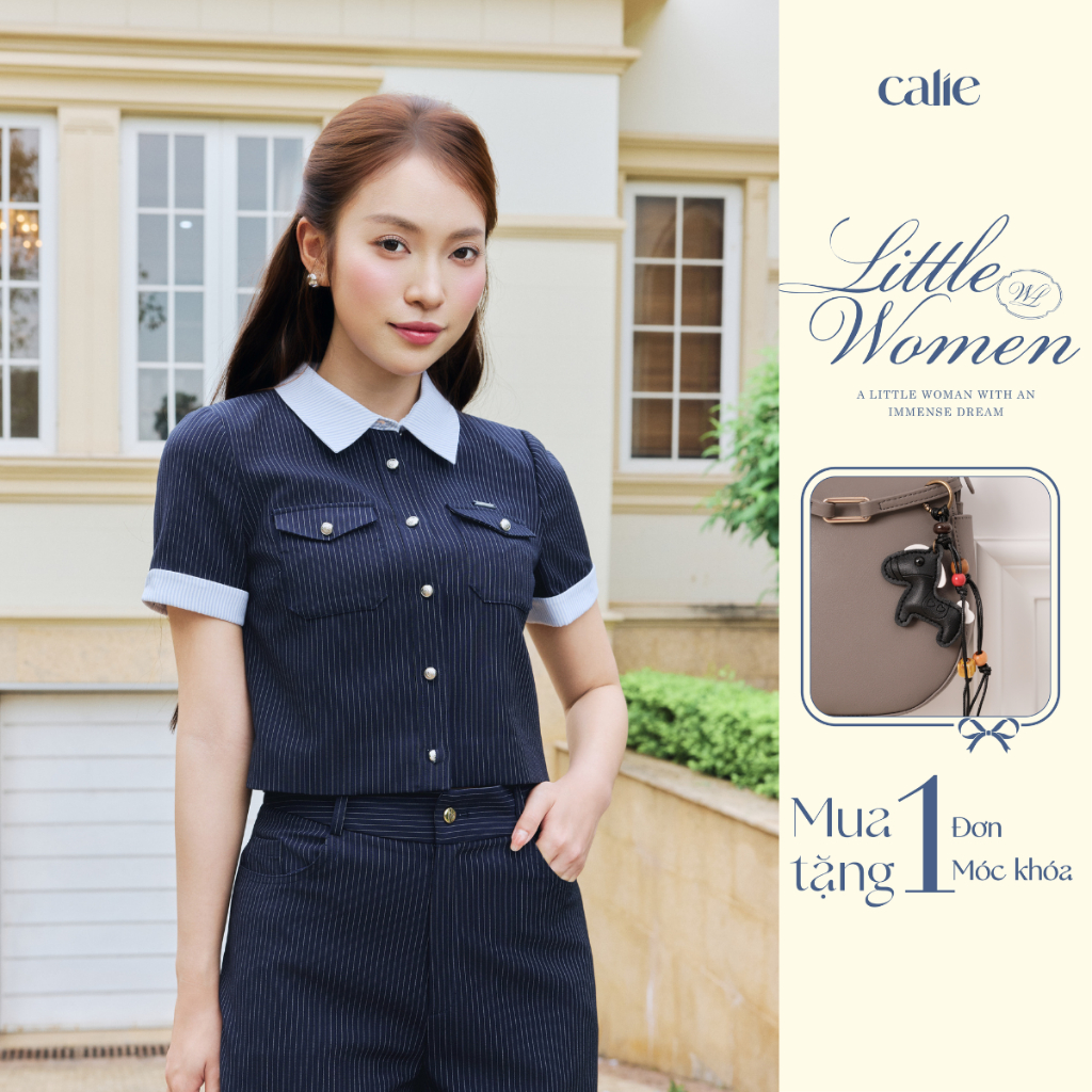 (Little Women) Áo tuýp sy kẻ phối cổ hai túi ngực, form basic thanh lịch, chất liệu mềm mát Calie ACC626