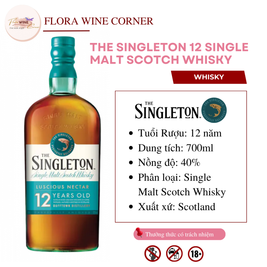 Rượu mạnh Whisky Scotland The Singleton 12 Single Malt Scotch Whisky – Nồng độ 40% Alc, 700ml - Nhập
