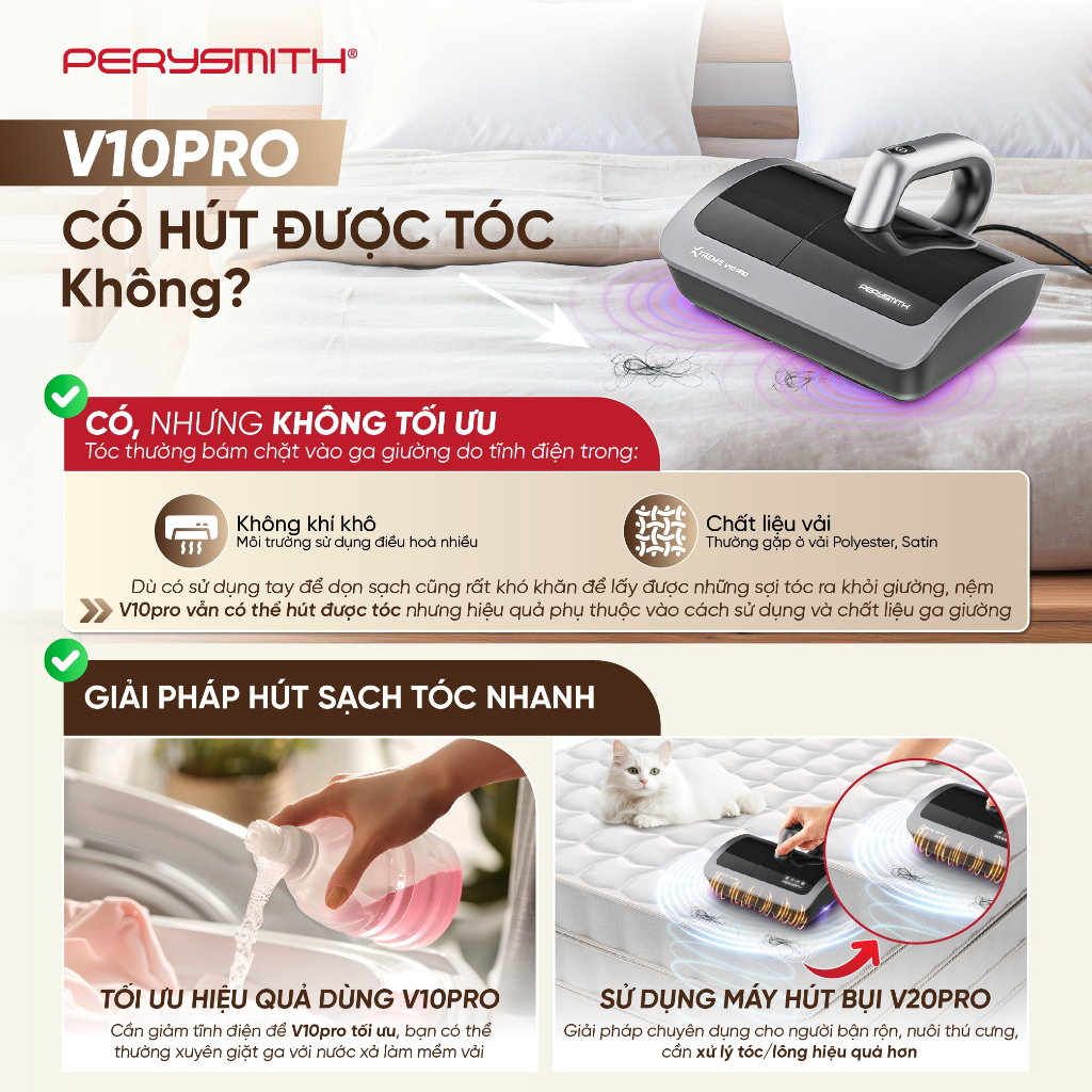Máy Hút Bụi Giường Nệm Có Dây PerySmith V10Pro, Đệm Xung Kép, Hút Bụi Mịn, Đèn UV, Sấy Nóng | BigBuy360 - bigbuy360.vn