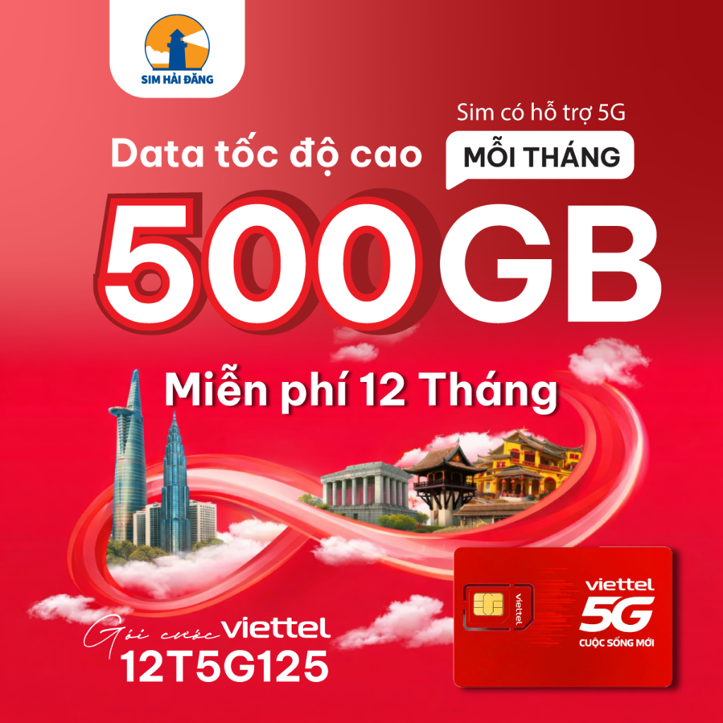 SIM 5G/4G VIETTEL 12T5G125 - 500GB/THÁNG - 6000GB/NĂM - MIỄN PHÍ 1 NĂM (12 THÁNG)