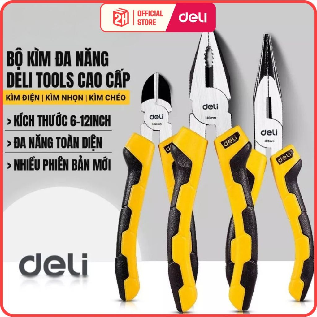 Bộ 3 Kìm Đa Năng Deli Thép CR-V Chống Gỉ- Kìm Cắt Dây Điện, Kìm Mũi Nhọn, Kìm Kẹp Cắt Thép, Tools