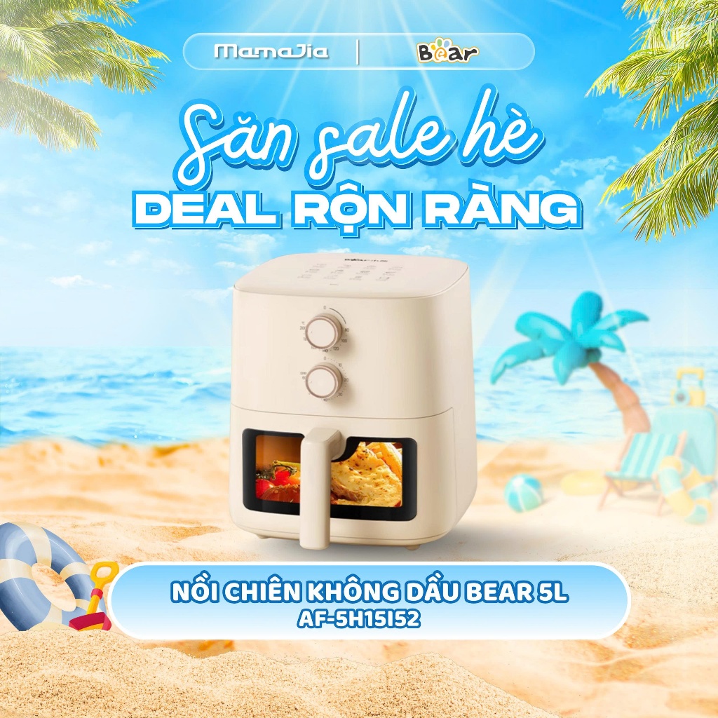 Nồi Chiên Không Dầu Bear 5L AF-5H15I52 , Công suất 1500W, Núm xoay cơ, menu món ăn Tiếng Việt