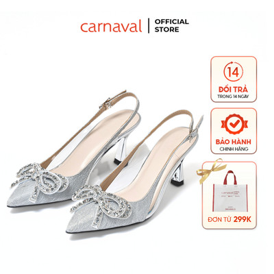 Giày Cao Gót Nữ Carnaval 7cm - Mũi Nhọn Sang Trọng, Thiết Kế Slingback Khuyết Eo, Gắn Nơ Lấp Lánh - VS29
