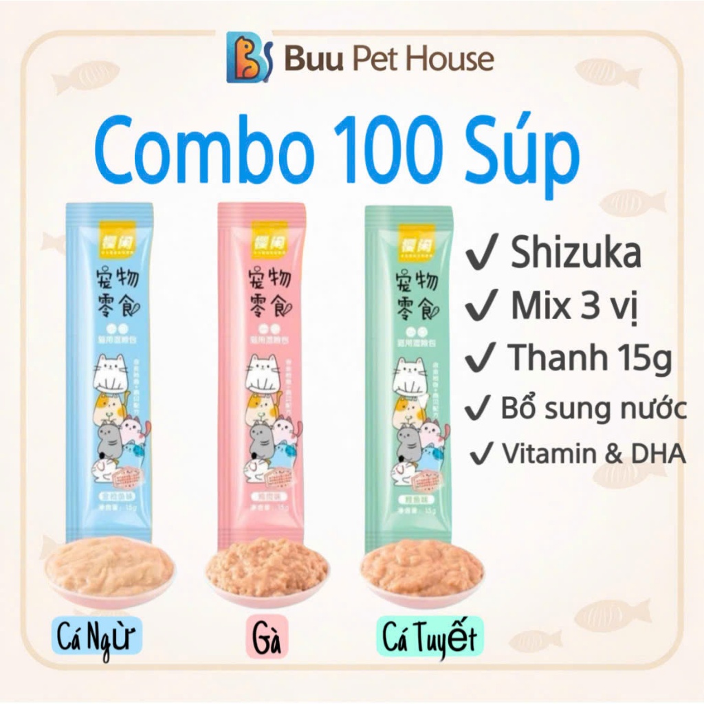 [Combo 50-100] Thanh Súp thưởng Shizuka, súp thưởng cho mèo giàu taurine giúp mắt sáng lông mượt
