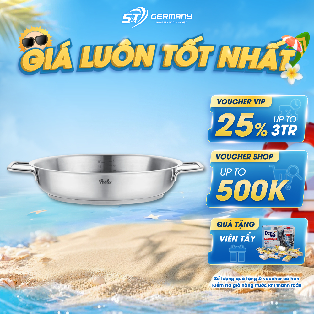 Chảo inox 2 quai Fissler Pure ,chảo thép không gỉ cao cấp,sử dụng an toàn trong lò nướng,phục vụ đẹp