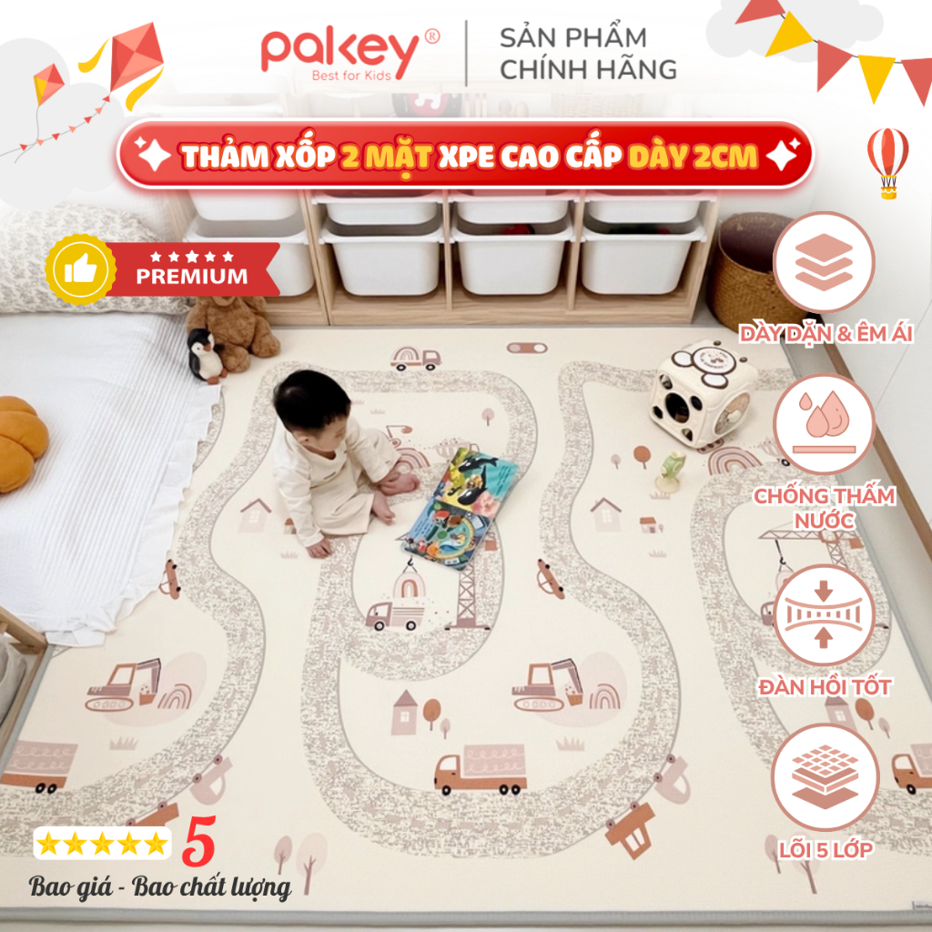 Thảm Cuộn 2 Mặt XPE Cao Cấp Dày 2cm, Thảm Xốp Pakey Premium Chống Trơn Trượt Cho Bé Họa Tiết Dễ Thươ