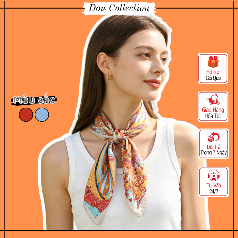Khăn Lụa Vuông Unisex, 70x70cm Mịn Nhẹ, Hoạ Tiết Vintage Châu Âu Phối Màu Nổi Bật, Dùng Đi Du Lịch -