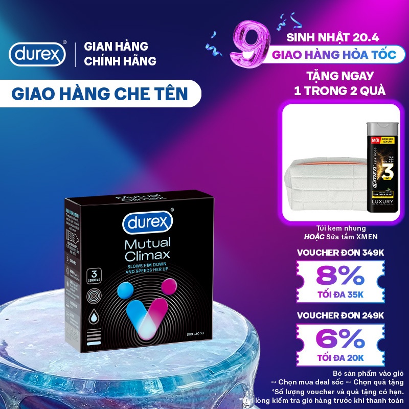 [SẢN PHẨM MỚI] Bao cao su Durex Mutual Climax kéo dài thời gian và gân gai, size 52.5 mm, hộp 3 bao