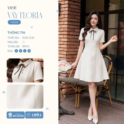 Váy Nữ Thiết Kế YAME Ngắn Tay Trắng Kem Xếp Ly Phối Nơ Đen Floria - YV919