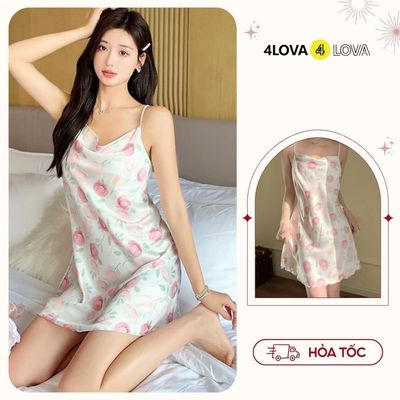 Váy Ngủ Lụa 2 Dây, Đầm Ngủ Lụa Cao Cấp 4LOVA Kiểu Dáng Cổ Đổ Họa Tiết 3D Hoa Hồng Chất Lụa Latin