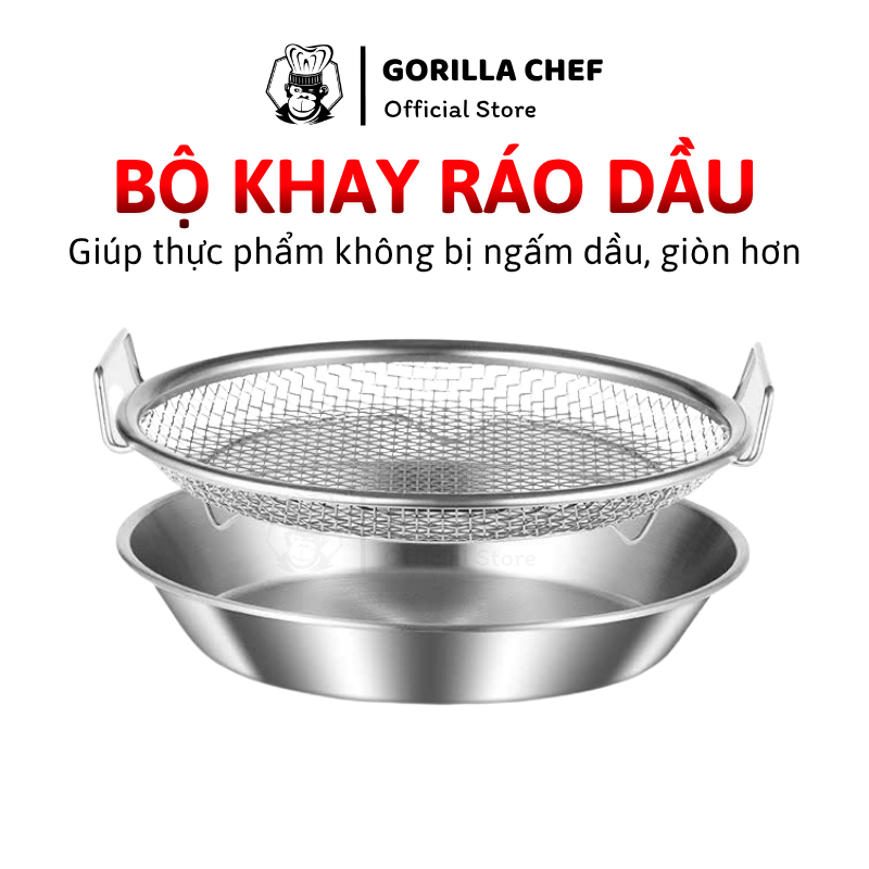 Bộ khay đĩa kèm vỉ lọc dầu inox 20-26cm Gorilla Chef dùng đựng đồ chiên, đồ luộc ráo dầu, ráo nước