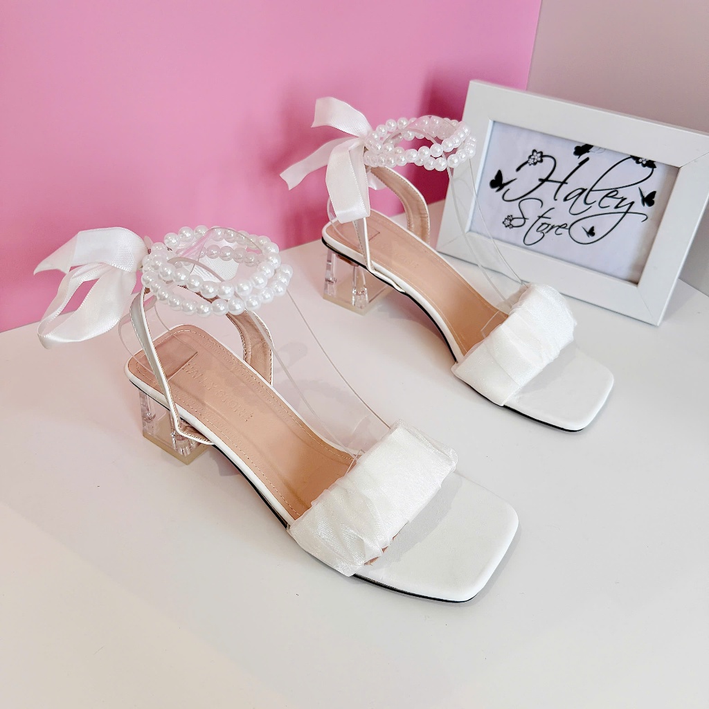 Giày sandal nữ HALEY STORE cao gót 5cm quai ngang ren nhúm nhún đính nơ lụa quấn cổ ngọc mika tiệc c