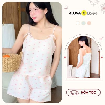 Bộ cotton mặc nhà 4LOVA kiểu dáng 2 dây đính nơ họa tiết Plume - EVA2102