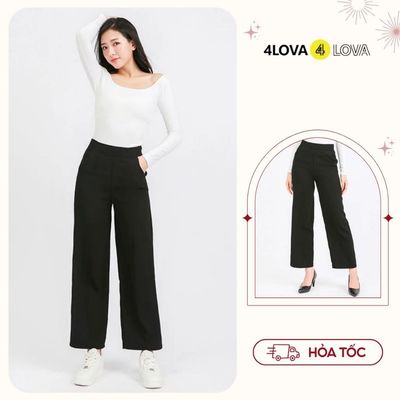 Quần Tây nữ đẹp 4lova ống rộng dáng suông công sở cạp cao đi học vải đen form chuẩn