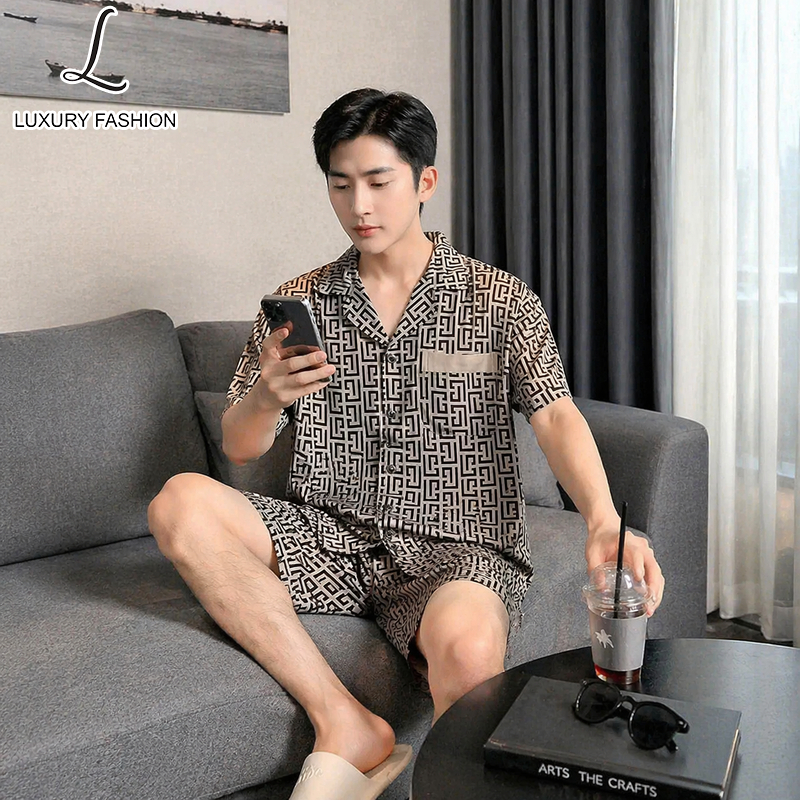 Bộ Pijama Nam LUXURY FASHION lụa Latin cao cấp tay ngắn mềm mát mặc nhà mặc ngủ thoải mái - Bộ cộc t