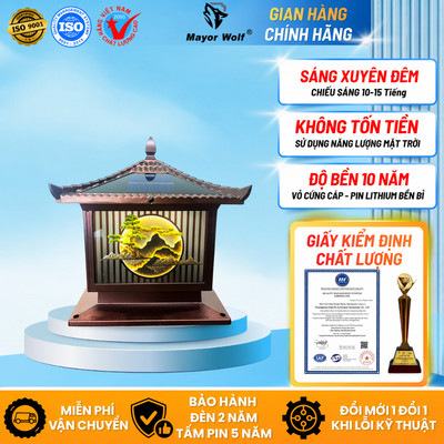 Đèn Trụ Cổng Sơn Thủy Năng Lượng Mặt Trời Mái Nhật Cao Cấp 3 Màu Sáng Chống Nước Trang Trí Biệt Thự