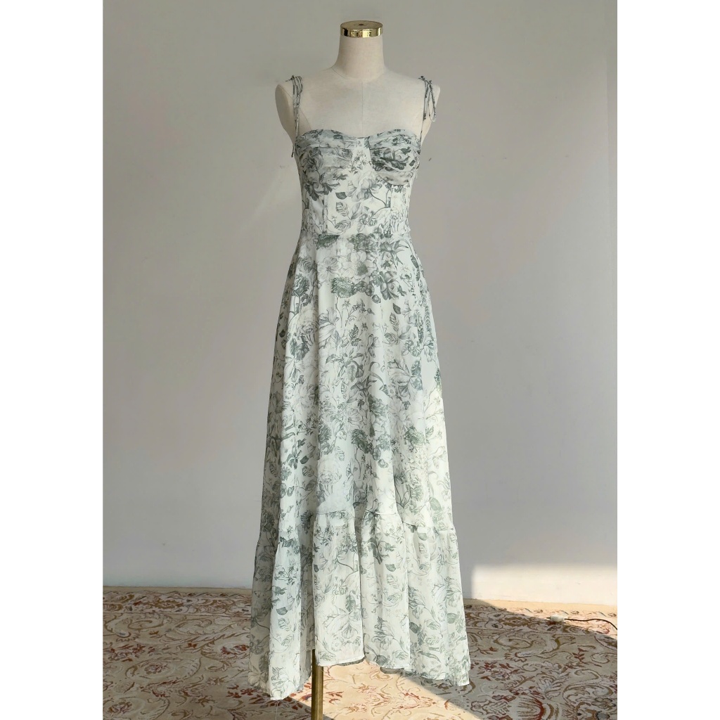 𝗖𝗹𝗼𝘁𝗵𝗲𝘀 𝗕𝗮𝗿 - Merlisa Dress (Olive Haze) | Đầm midi tơ hoa xanh dáng corset hở lưng thắt dây