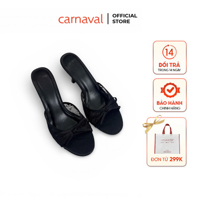 Dép Cao Gót Nữ Carnaval Cao 7cm Quai Ren Xuyên Thấu Đính Nơ, Style Nữ Tính Sang Trọng - VS197