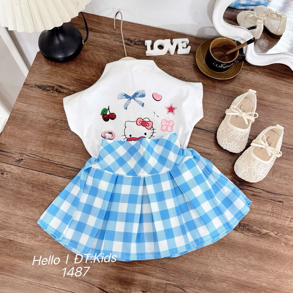 Hello I DT.Kids Set Áo Sát Tay và Váy Caro Xanh Xinh Xắn Mẫu 1487 cho Bé Gái