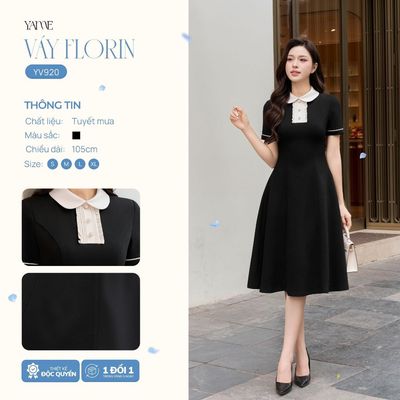 Váy Thiết Kế Nữ Yame Dáng Dài Đen Ngắn Tay Cổ phối cúc Trắng Kem Florin - YV920