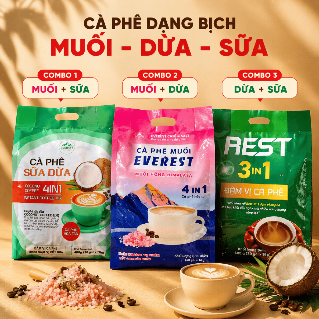 Cà Phê Dạng Bịch Hoà Tan Everest Coffee - Muối + Sữa, Muối + Dừa, Muối + Đen