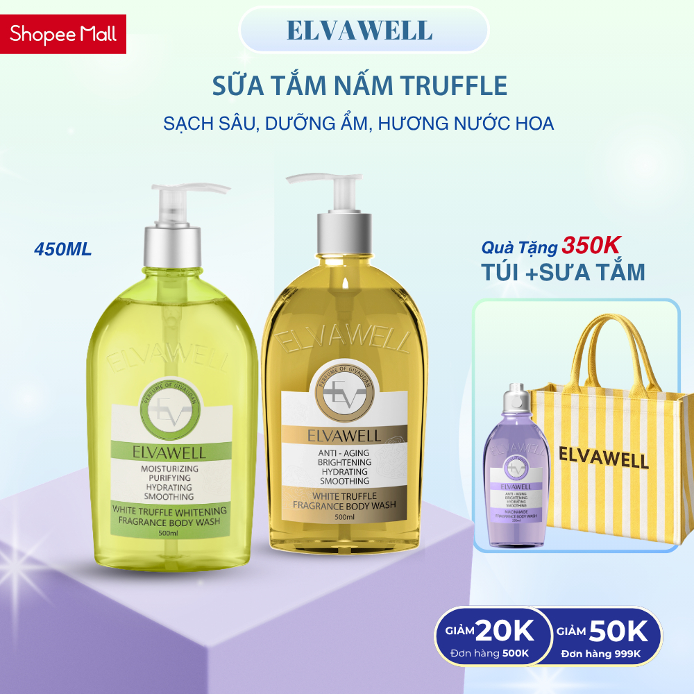 [MUA 2 TẶNG 2] 2 chai Sữa tắm nước hoa Nấm Truffle ELVAWELL500ml TẶNG 1 chai tắm 250ml + 1 túi đi bi