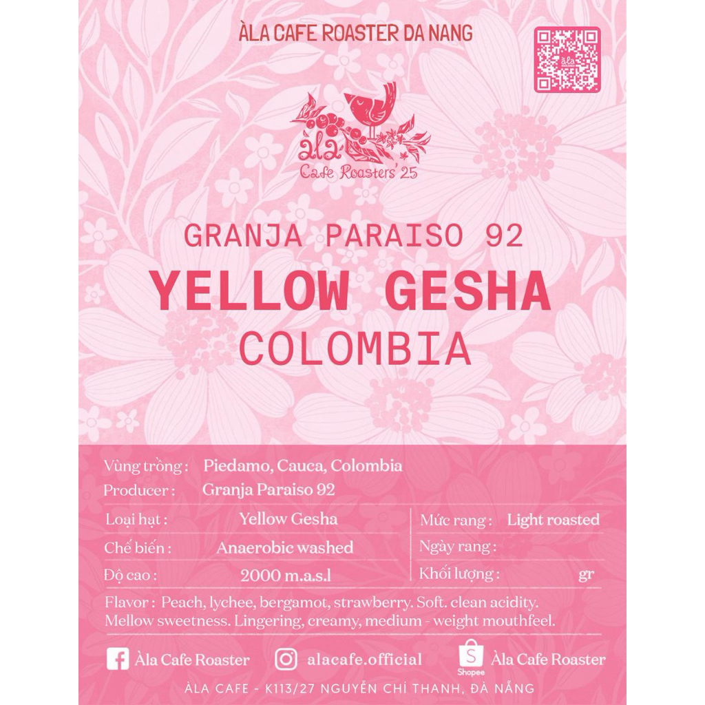 Cà phê Specialty Colombia Yellow Gesha Paraiso 92 gói 200g rang light