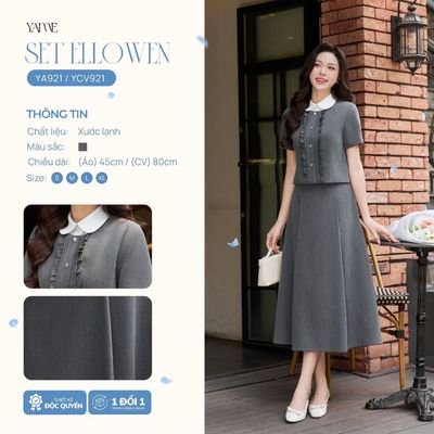Set Nữ Thiết Kế YAME Công Sở Màu Ghi Áo Dáng Ngắn Phối Bèo Nhún Cộc Tay & Chân Váy Dài Xòe Set Elowen - YA921&YCV921