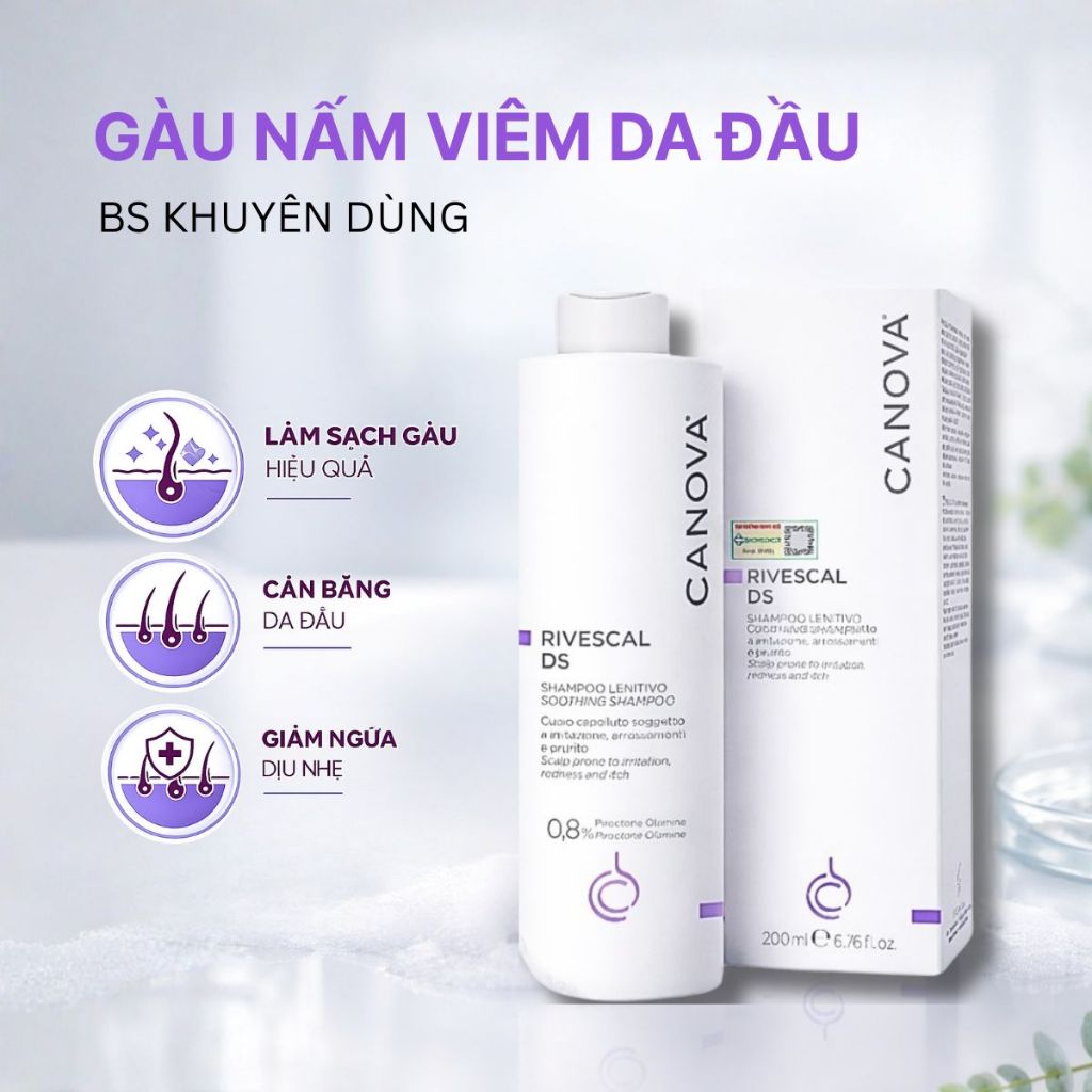 Dầu Gội Sạch Gàu Hỗ Trợ Trị Nấm Da Đầu Viêm Da Tiết Bã CANOVA RIVESCAL DS Giảm Ngứa Giảm Rụng Tóc