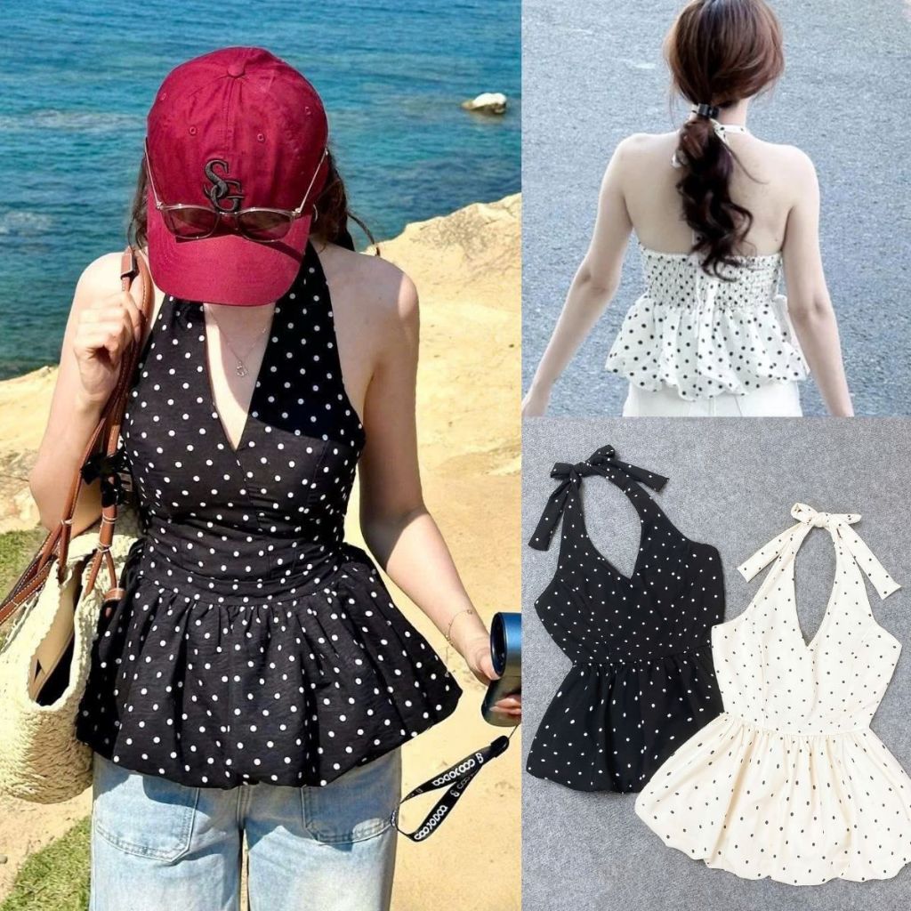 Áo Yếm Bigsize Nữ Nhún Chun Lưng Họa Tiết Chấm Bi Dễ Thương Form Peplum Tôn Dáng (55-90kg) A193
