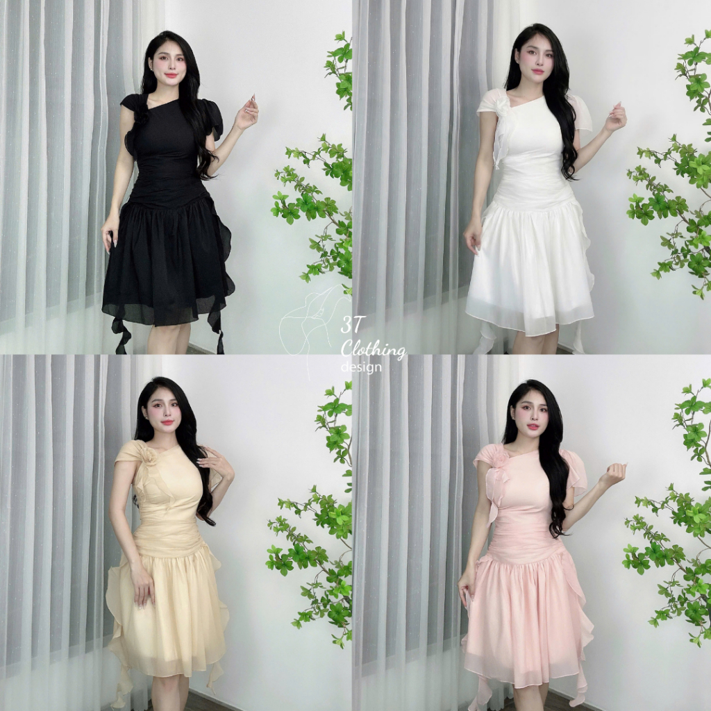 [3T CLOTHING] Váy đầm dự tiệc thiết kế dáng ngắn, tùng xòe lệch vai đính bông, kèm quần bảo hộ Bigsi