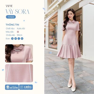 Váy Thiết Kế Nữ Yame Hồng Nhẹ Nhàng Cổ Sen Phối nơ trắng Xếp Ly Sora - YV923