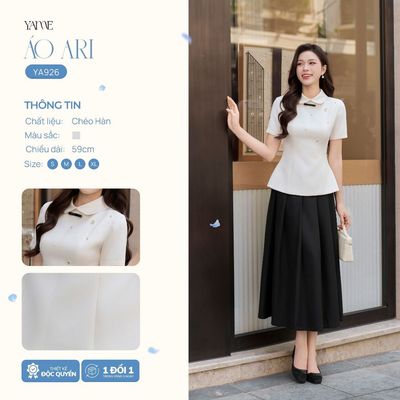 Set Nữ Thiết Kế Yame Cổ Sen Đính Nơ Đá Kèm Hoa Đá & Chân Váy Xếp Ly Dáng Dài Ari - YA926&YCV749