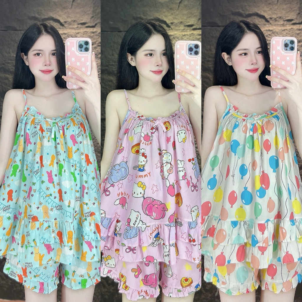 Set Bộ Tole Đùi Hai Dây Bèo Cổ Quần Viền Bèo - HN CLOSET