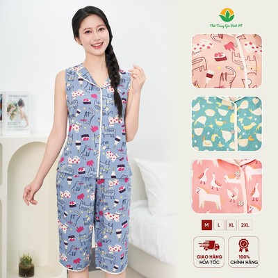 Đồ bộ lanh tole sát nách nữ mặc nhà thời trang Việt Thắng quần lửng áo mở khuy họa tiết - B05.5077