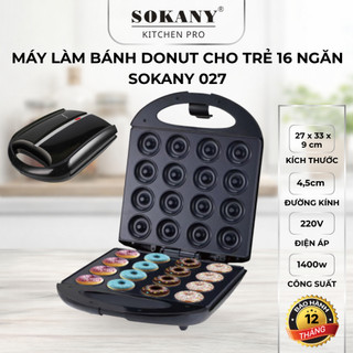 Máy làm bánh donut mini khuôn 16 bánh Sokany 027 máy làm bánh donut 2 mặt 1400w chống dính cao cấp
