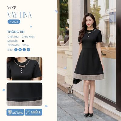 Váy Thiết Kế Nữ Yame Đen Phối Kẻ Cổ Nơ Đính Cúc Tay Ngắn Dáng A Lina - YV928