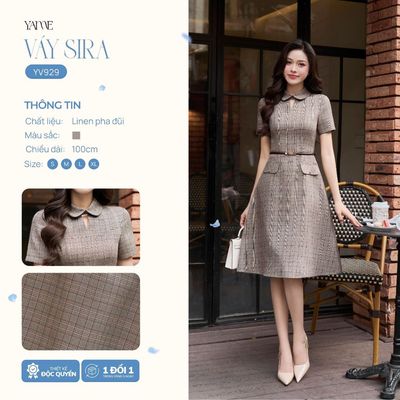 Váy Nữ Thiết Kế YAME Dáng A Cổ Sen Khoét Giọt Lệ Tay Ngắn Vải Kẻ Nâu Sira - YV929