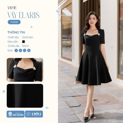 Váy Thiết Kế Nữ Yame Cổ đổ cách điệu tag cài hoa Elaris  - YV918
